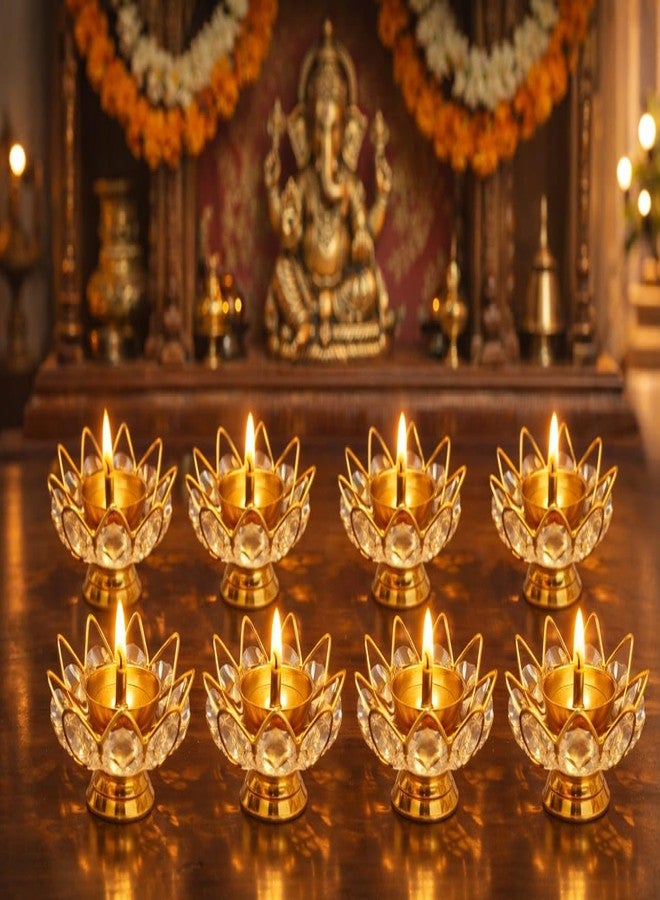 MISAA URNS Brass Crystal Bowl Round Shape Akhand Kamal Diya Oil Lamp for Mandir Temple Pooja Articles Decor Diwali Decoration Items for Home (Pack of 8) - Image 2